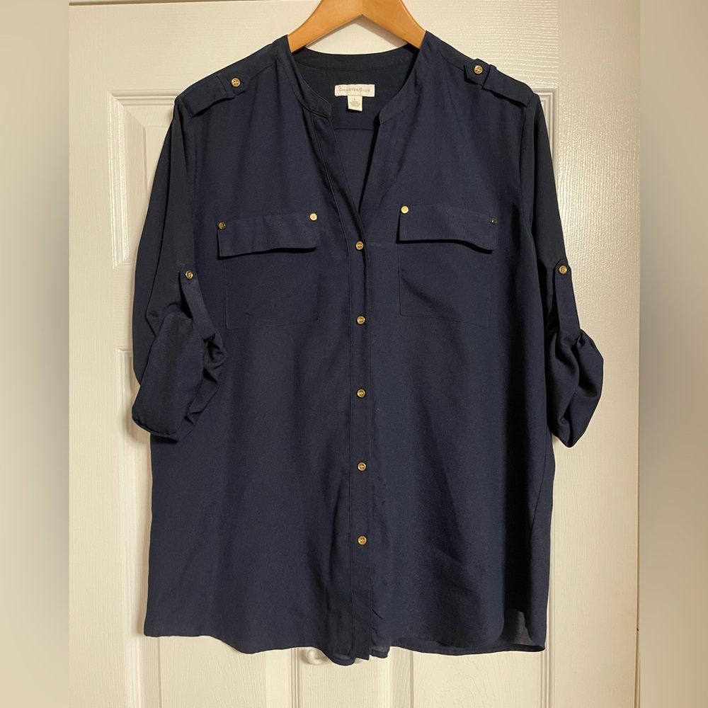 Charter Club Navy Button-Front Roll Sleeve Shirt with Gold Buttons